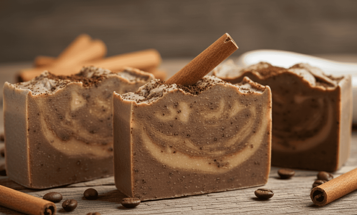 Three bars of coffee-flavored soap with cinnamon sticks and coffee beans on a wooden surface.